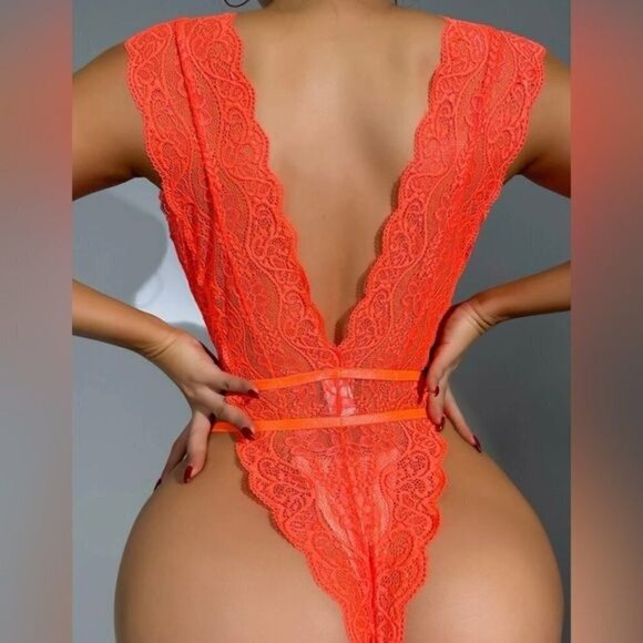 Orange Lace Teddy Bodysuit - Picture 4 of 5